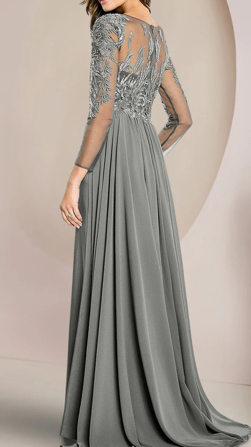 Back view of a Column Mother of the Bride Dress with delicate lace details.