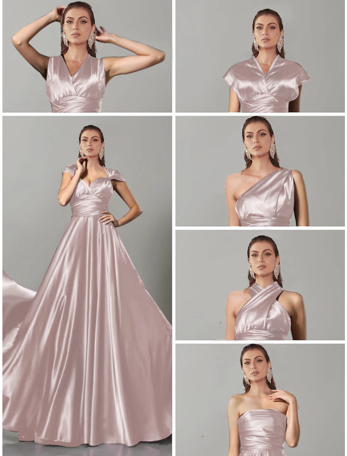 Woman wearing a sparkling A-line convertible dress, styled with one shoulder.
