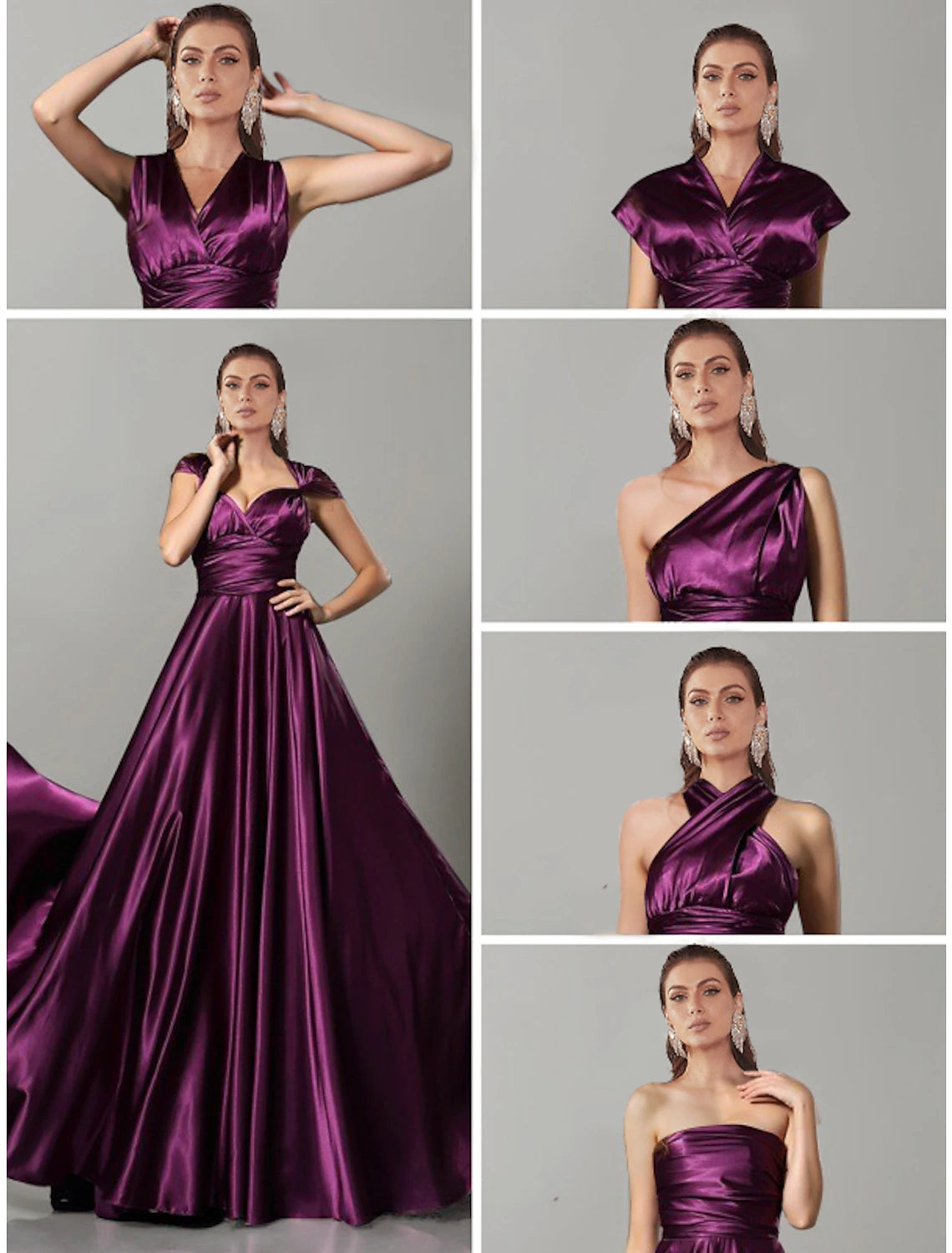 Woman posing in a glitter pleated convertible dress, showcasing the backless design.