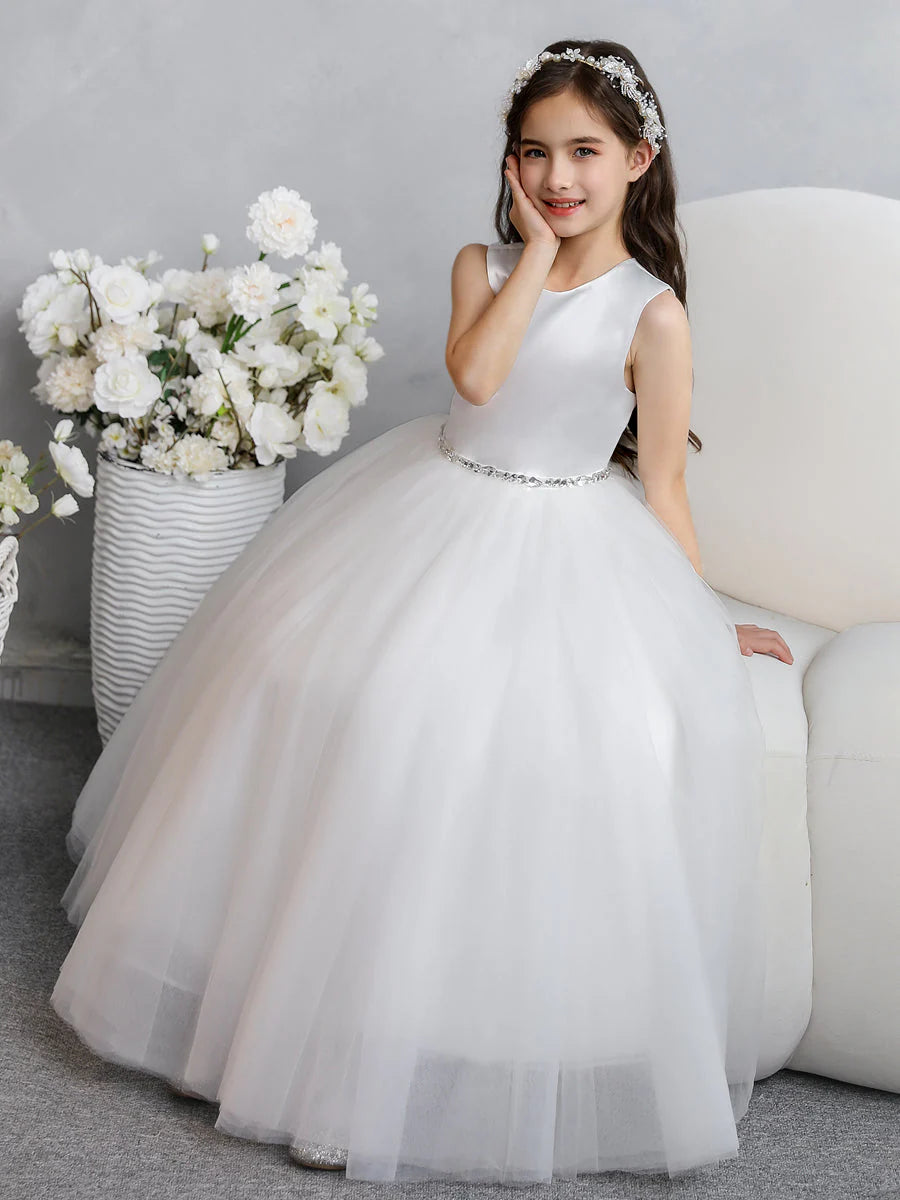 Back view of the flower girl dress, highlighting the delicate bowknot.