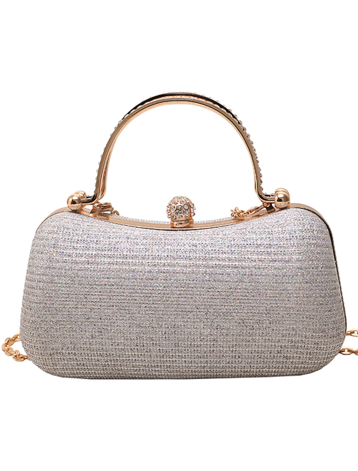 Sparkling crystal party bag, held by hand.