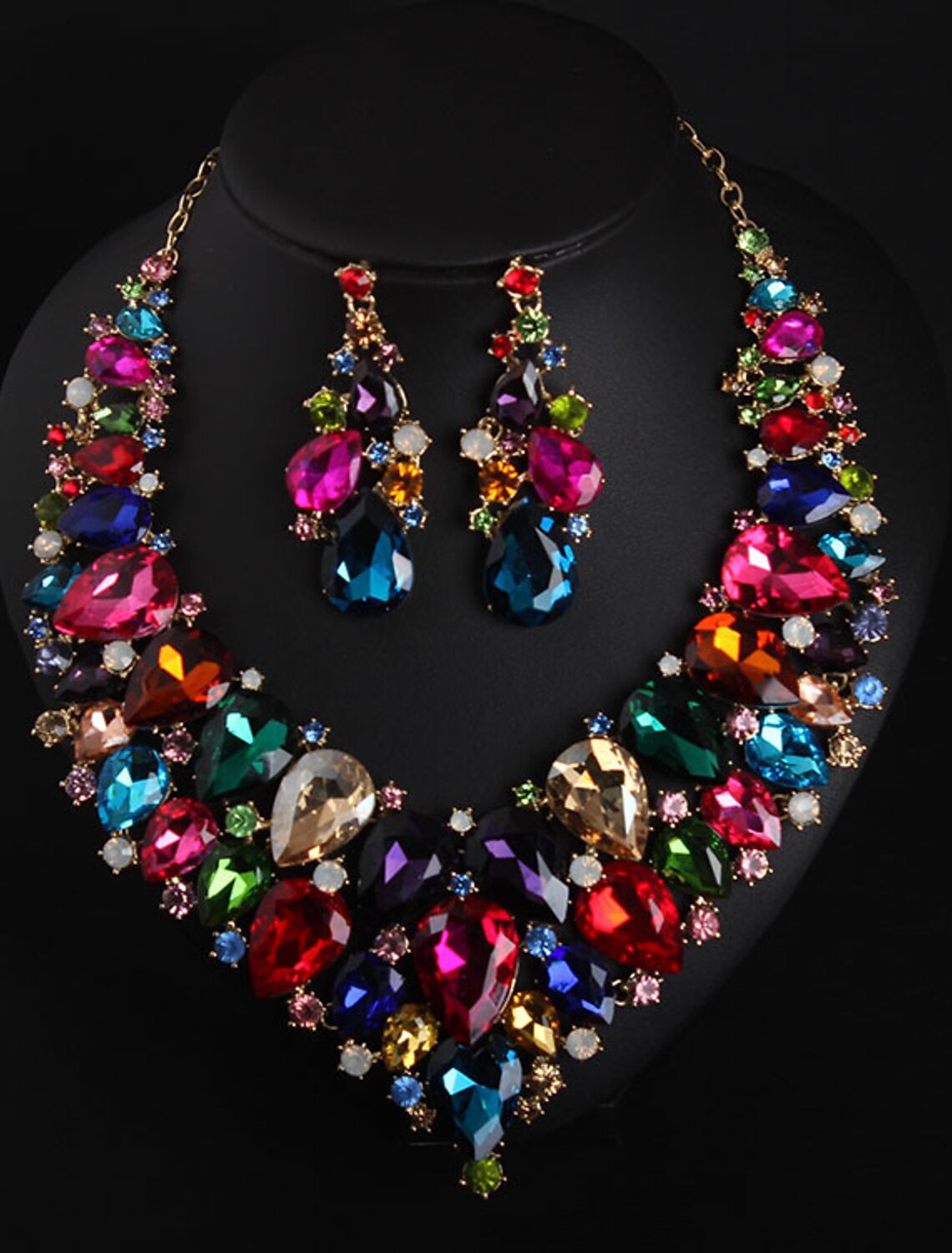 Close-up of a crystal rhinestone necklace with pear irregular design.