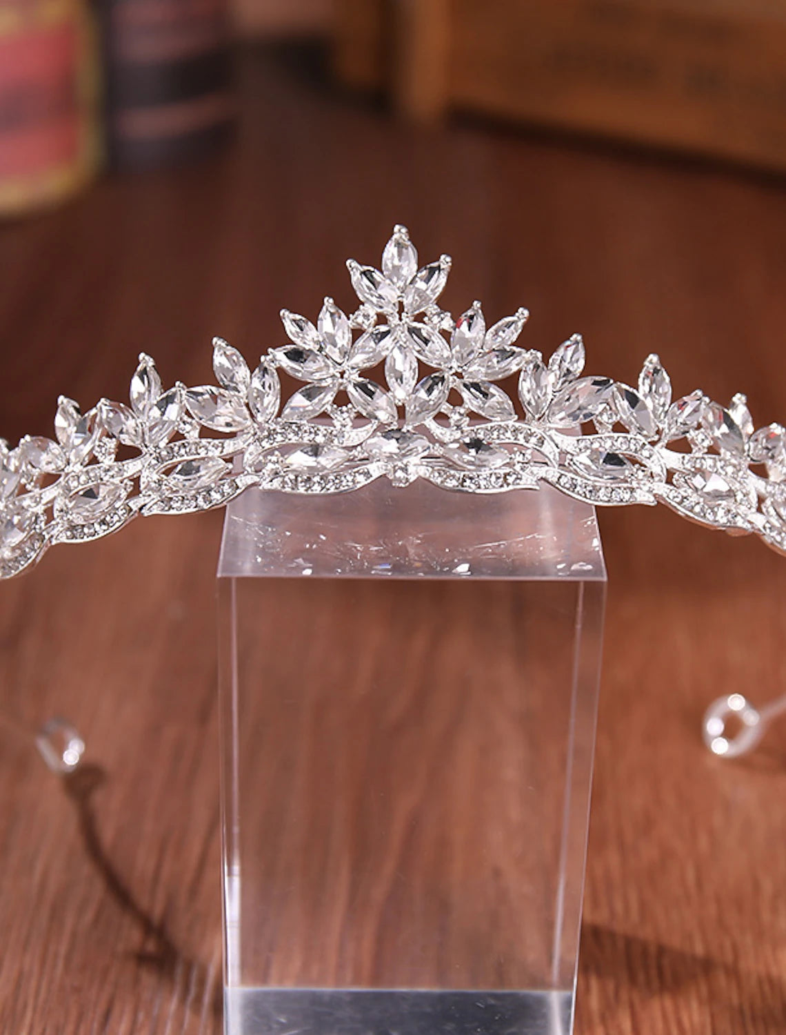 Close-up of sparkling crystal rhinestone wedding tiara.