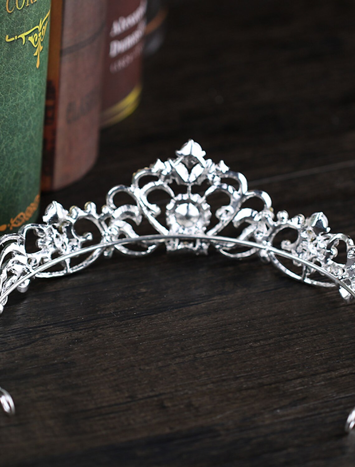 Close-up of a rhinestone wedding party headband.