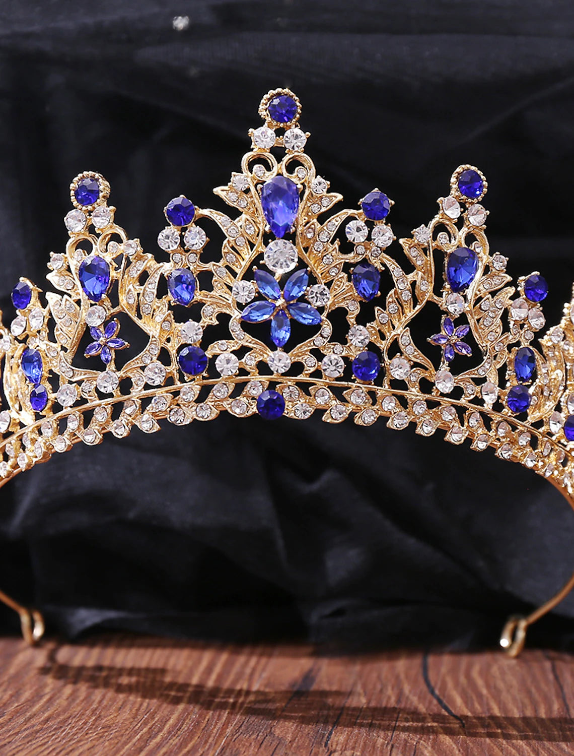 Side view of a sparkling rhinestone tiara.