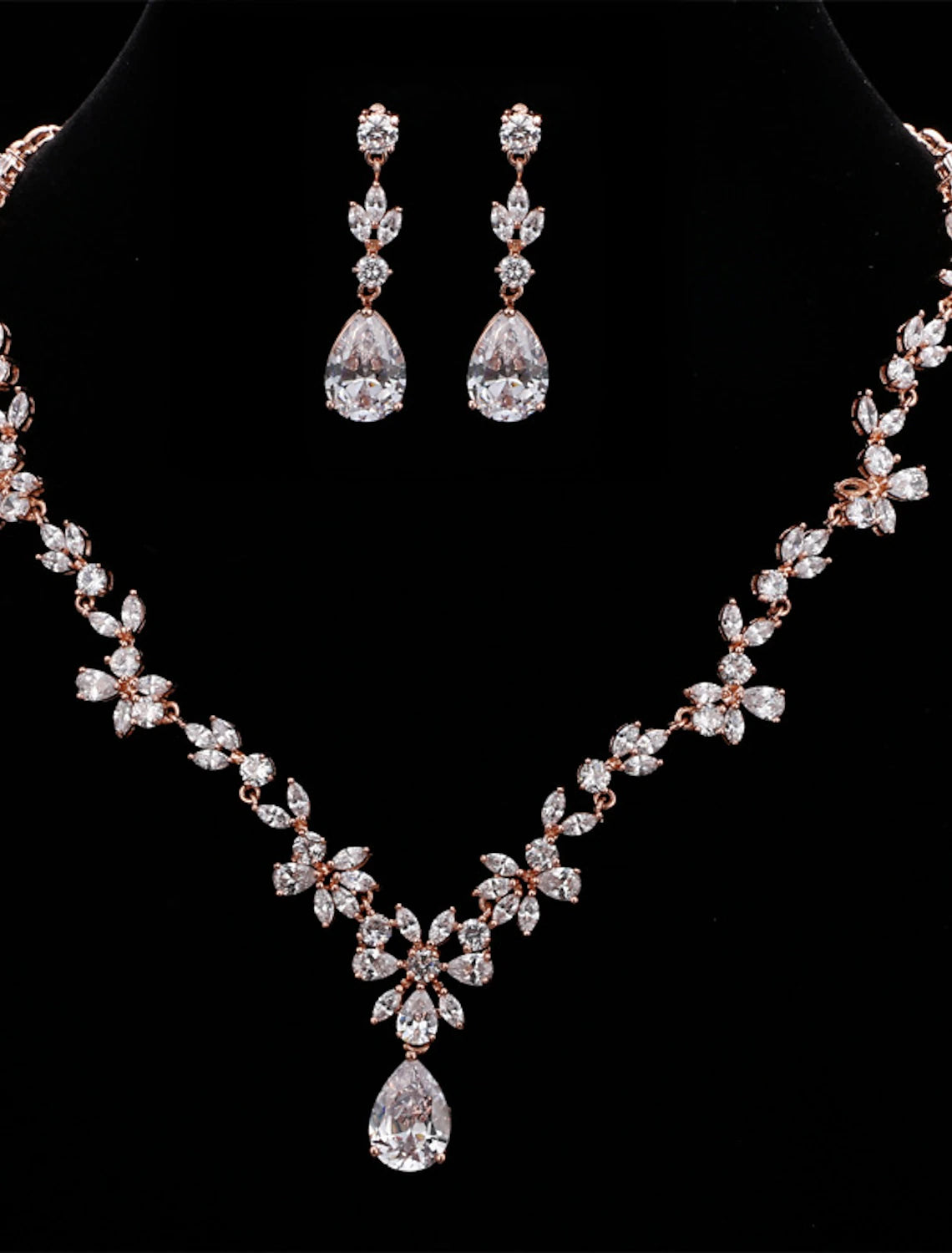 Close-up of cubic zirconia drop earrings from the bridal set.
