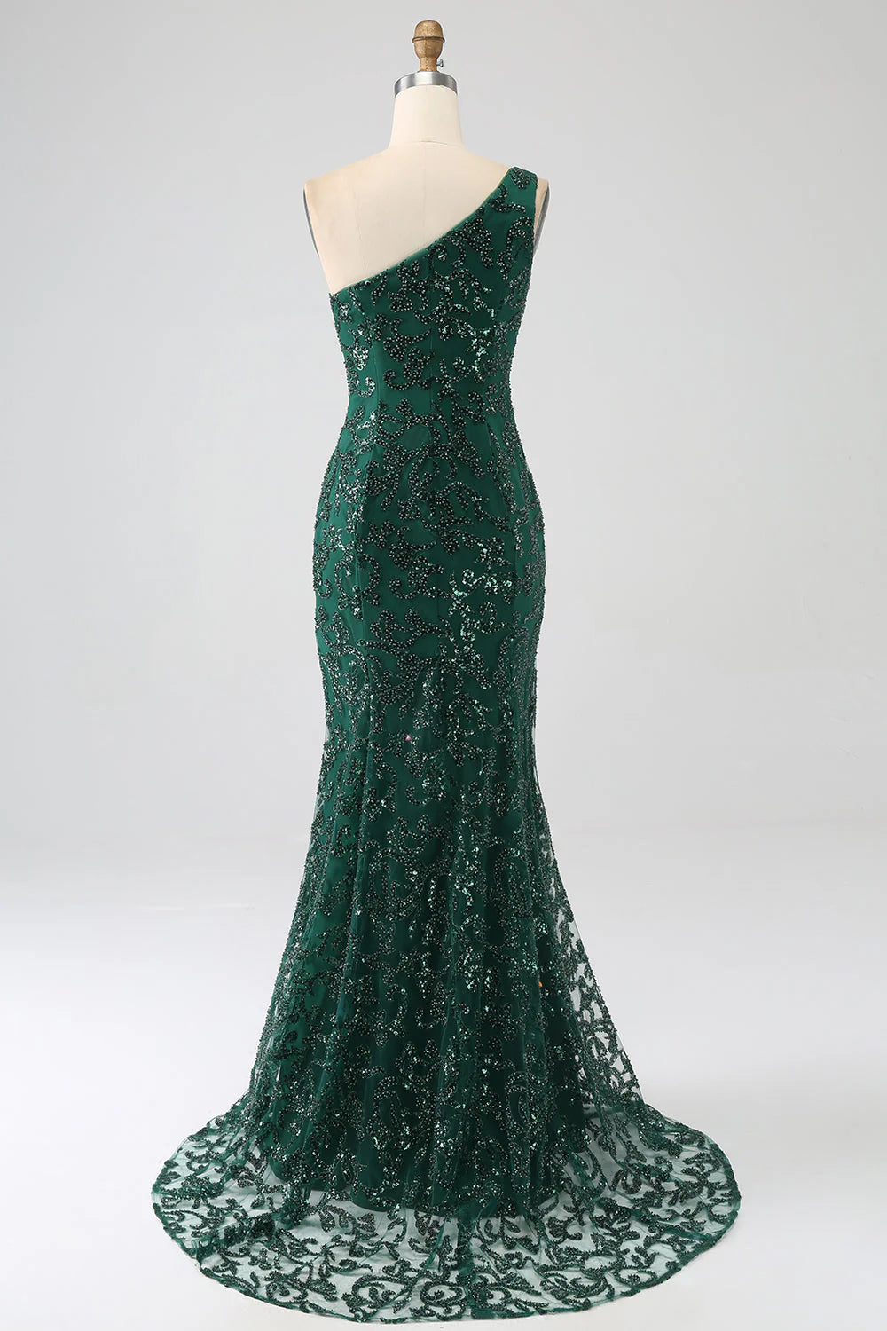Side view of the dark green mermaid lace prom dress, showcasing the lace details.