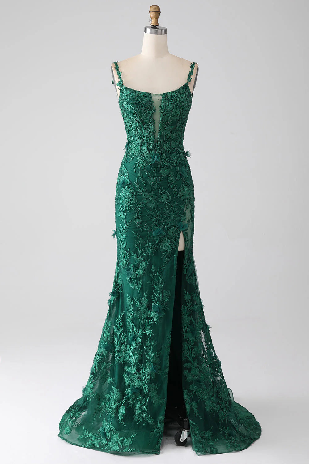 Dark green mermaid lace prom dress with V-neckline and long silhouette.
