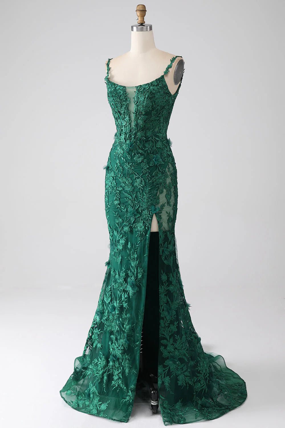 Back view of the dark green mermaid prom dress, showing the elegant train and strap details.
