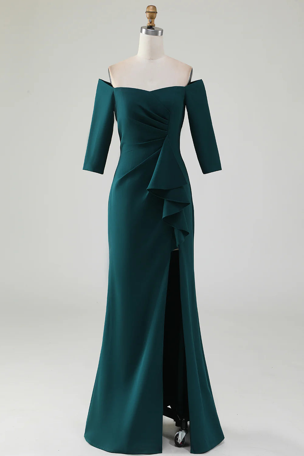 Elegant dark green mermaid off-shoulder mother of the bride dress with cascading ruffles, front view.