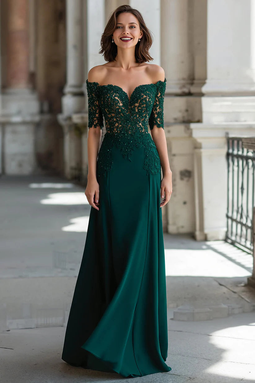Elegant dark green off-the-shoulder chiffon sheath dress with lace details.