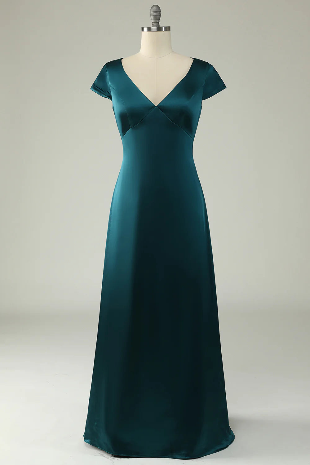 Elegant dark green satin V-neck A-line long prom dress.