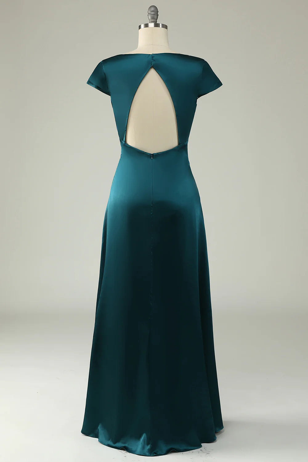 Side view of the dark green satin V-neck A-line long prom dress.