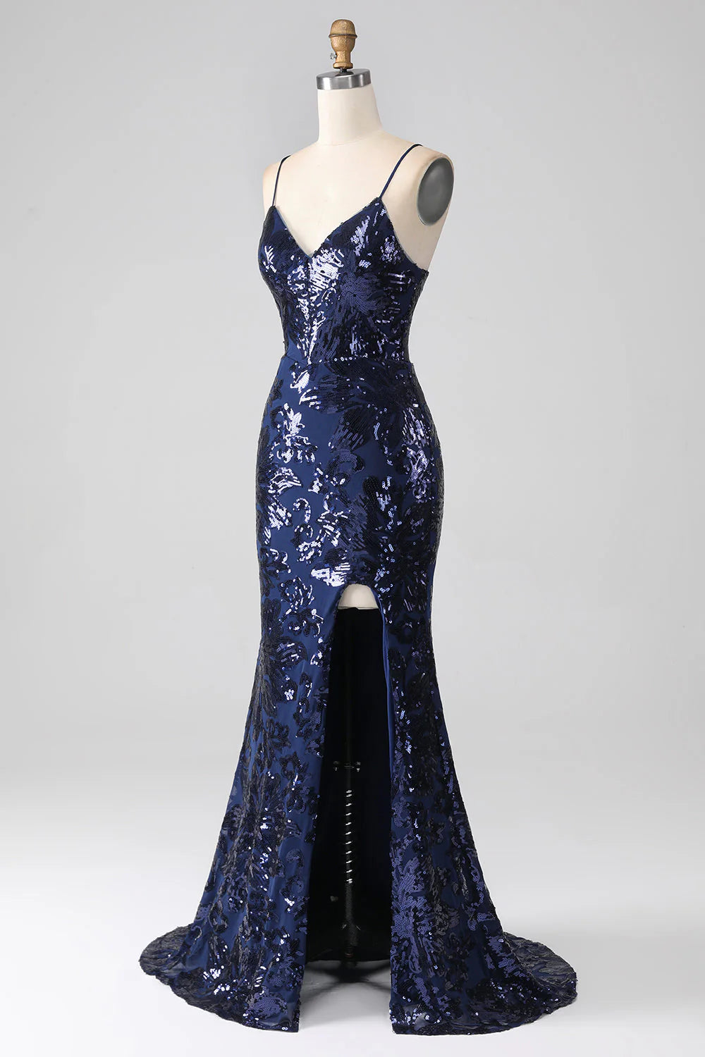 Elegant dark navy spaghetti strap mermaid dress for formal occasions.