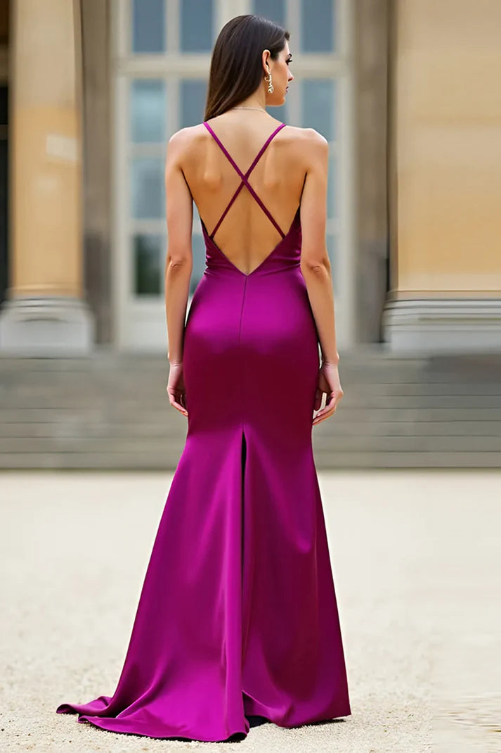 Side view of a model showcasing the dark purple satin mermaid prom dress.