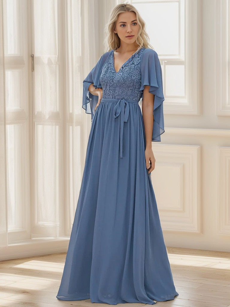 Dusty navy deep V-neck lace bodice long flowy evening dress.