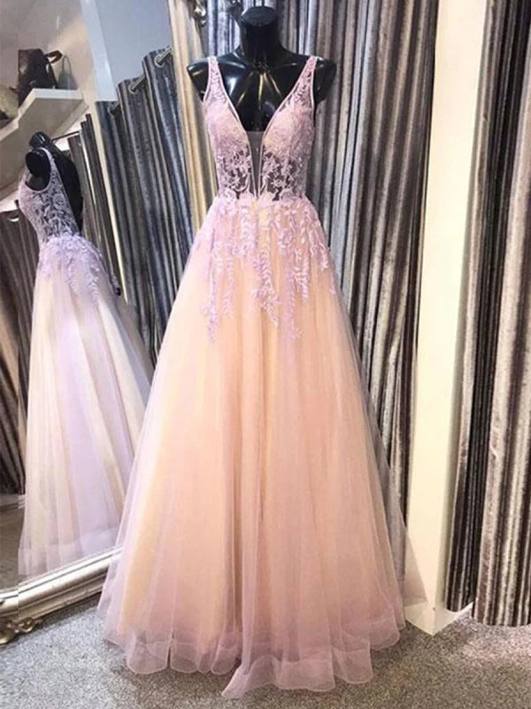 Elegant deep V-neck open back lace long prom dress.