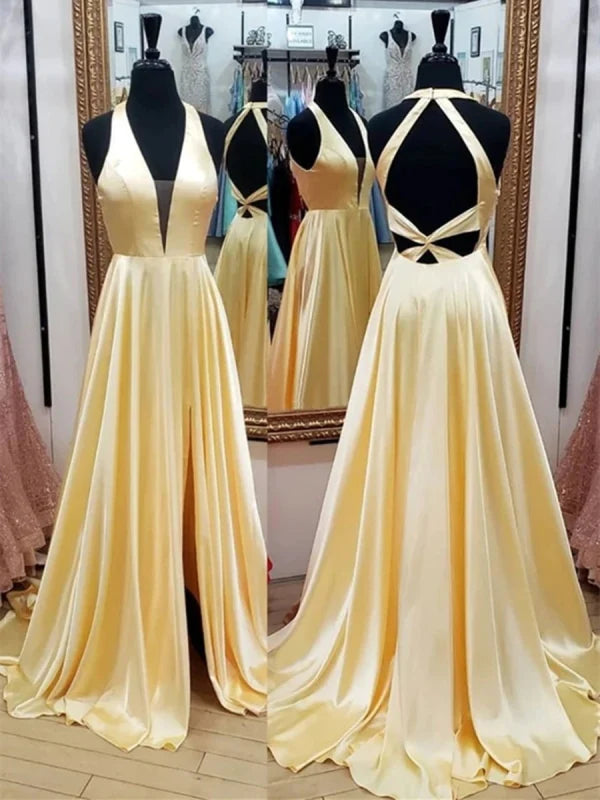 Elegant long prom gown with deep V neck, open back, and high slit.