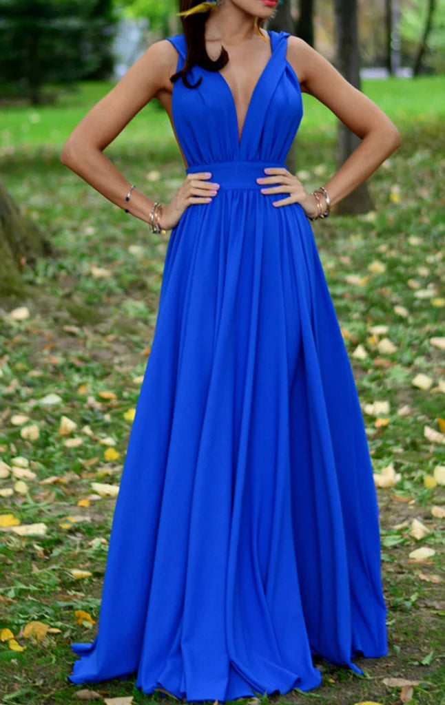 Elegant deep V-neck sleeveless formal evening gown.