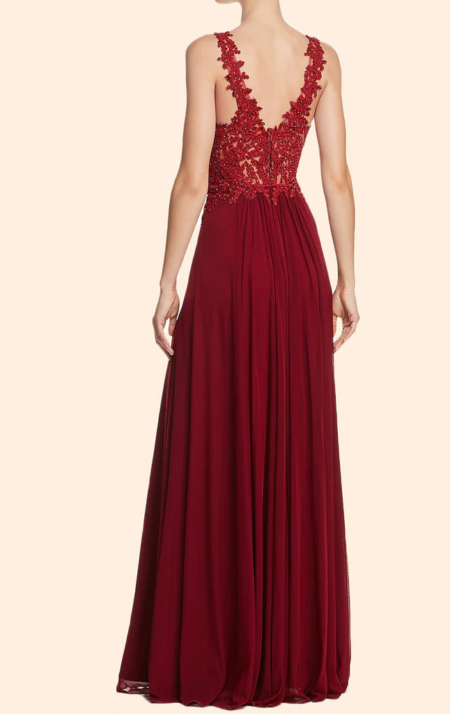 Back view of a deep V-neck prom gown with delicate lace spaghetti straps.