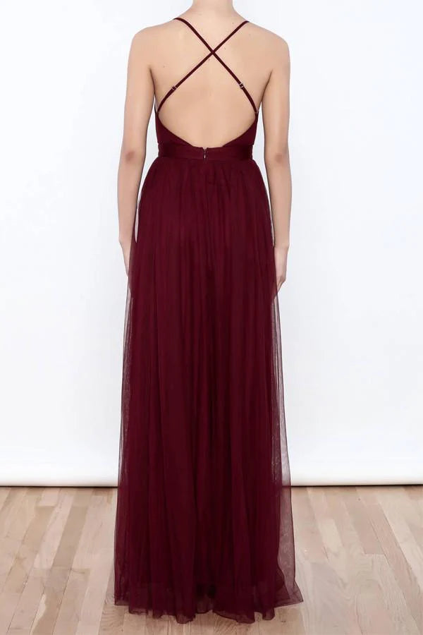 Back view of the elegant deep V neck tulle high slit prom dress.