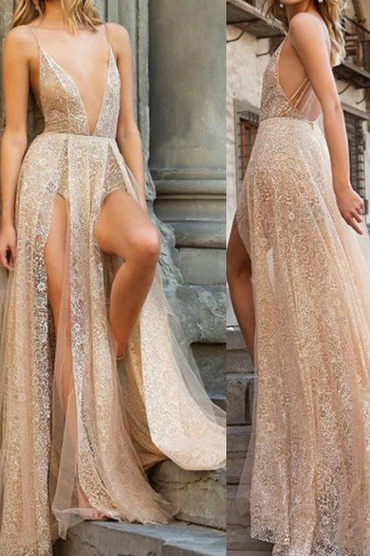 Elegant deep V-neck tulle lace prom dress with spaghetti straps and side slit.