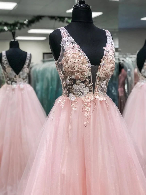 Elegant long prom dress with deep V-neck, V-back, and intricate lace floral details.