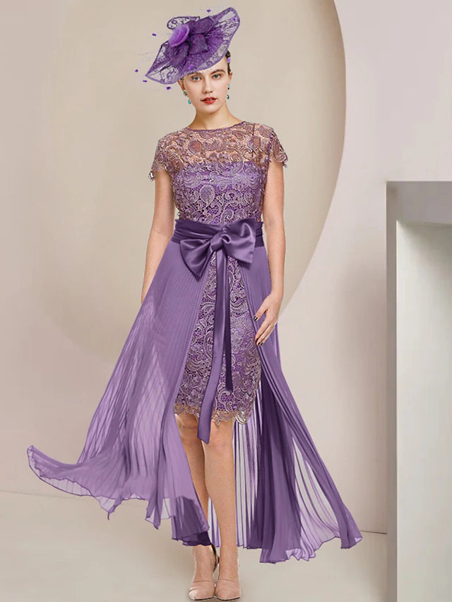 Elegant two-piece sheath dress with scoop neck and short sleeves, knee length, ideal for formal occasions.