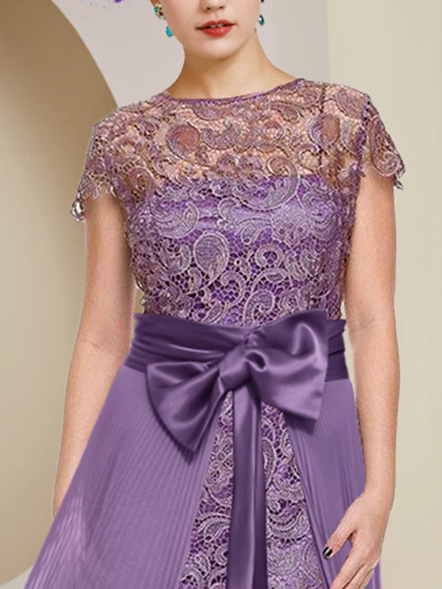Front view of the elegant two-piece formal dress, highlighting chiffon and lace fabric details.