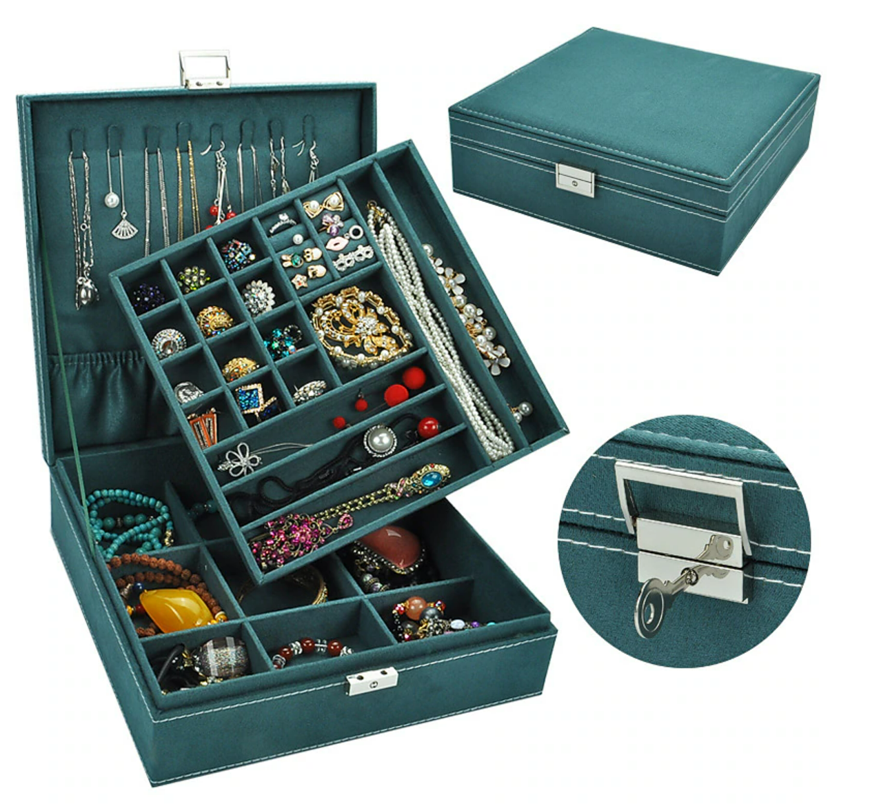 Closed square velvet jewelry storage box.