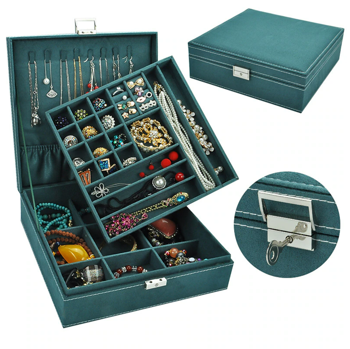 Single square velvet jewelry box from an elevated view.