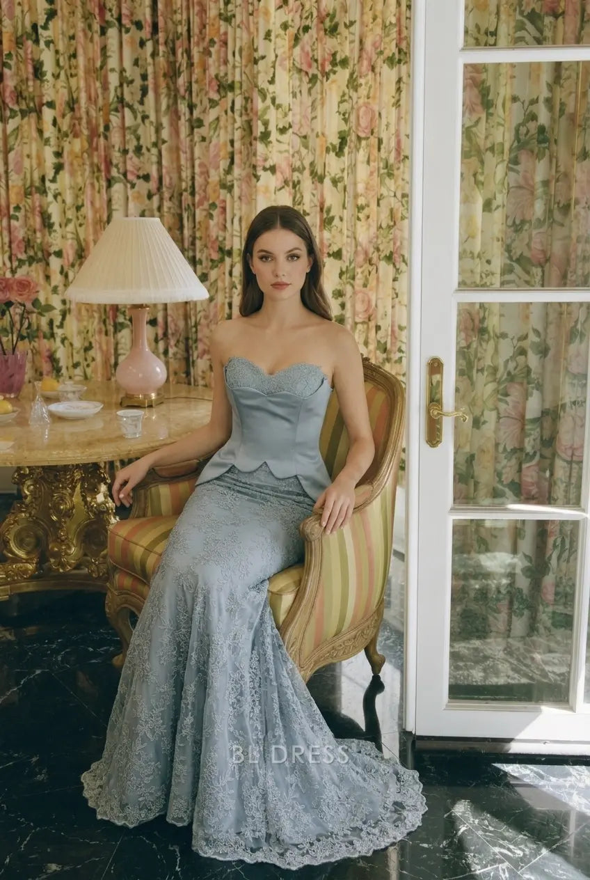 Dusty blue lace mermaid prom dress with sweetheart strapless neckline.