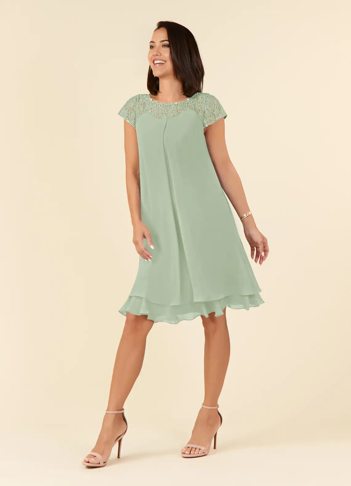 Elegant Dusty Sage Chiffon A-Line Tea Length Mother of the Bride Dress, front view.