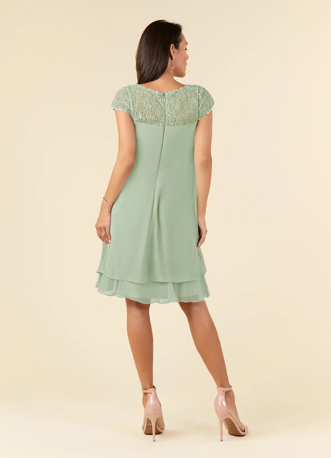 Elegant Dusty Sage Chiffon A-Line Tea Length Mother of the Bride Dress, side view.