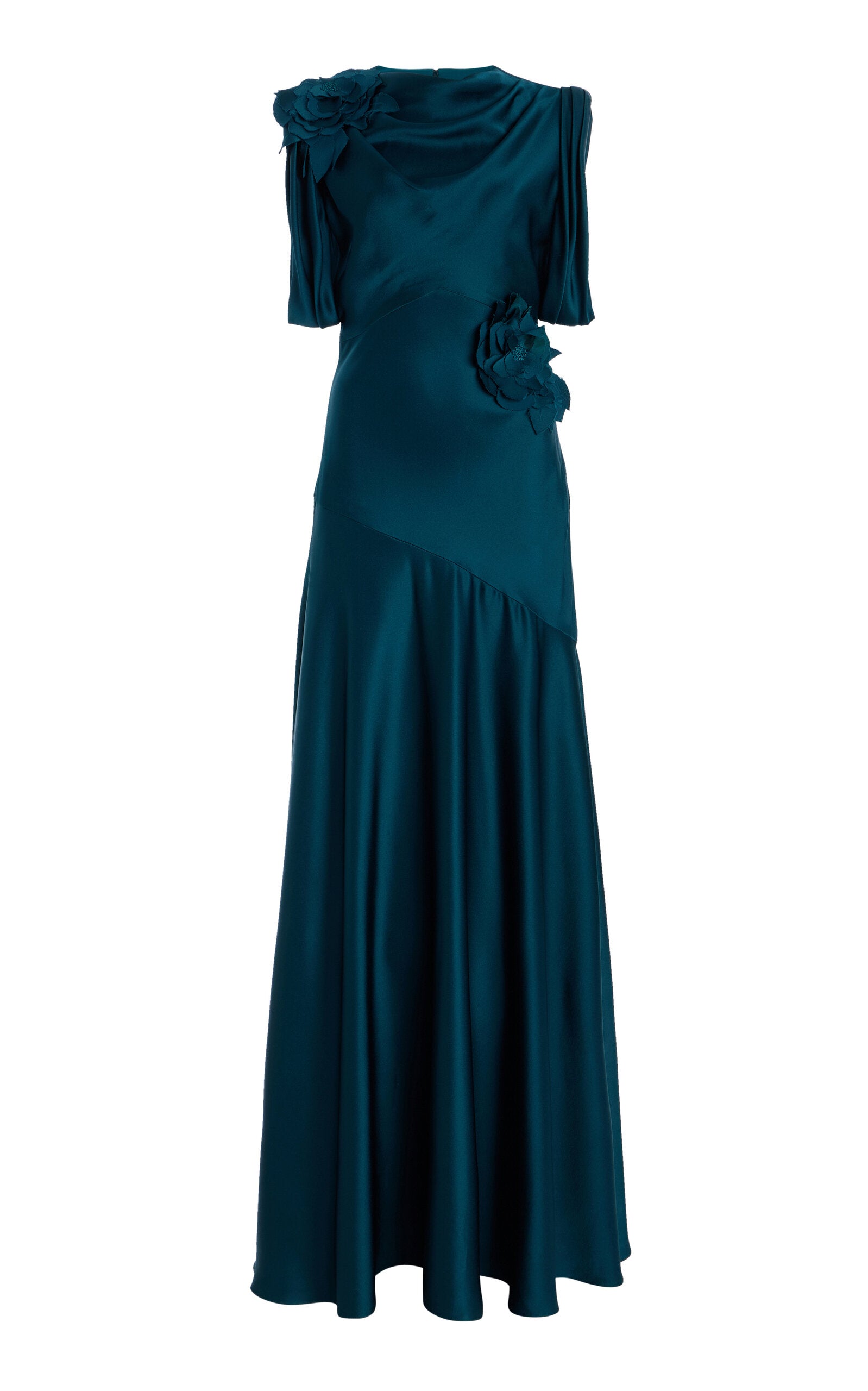 Close-up of V-neckline and embellishments on satin gown.