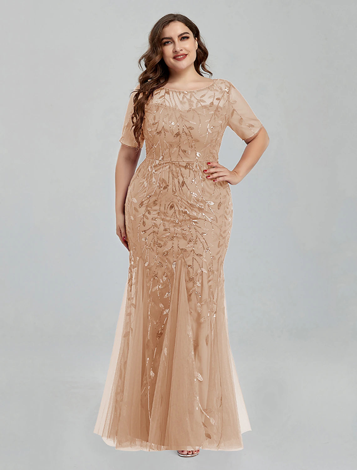Side profile of the mermaid trumpet dress, highlighting the fitted bodice and flared hem.