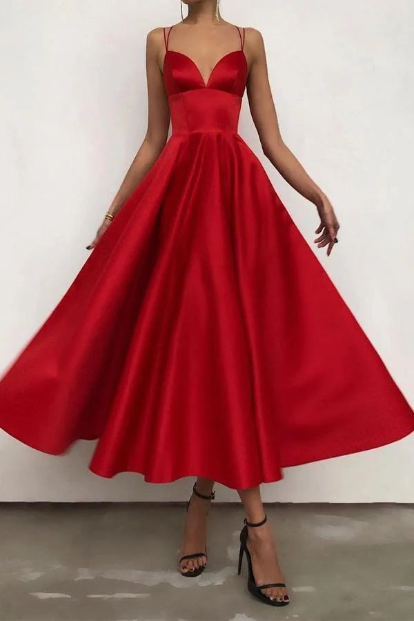 Elegant V-neck satin tea length prom dress.