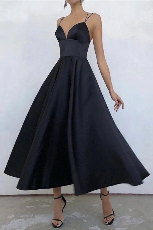Back view of the formal V-neck tea length gown.