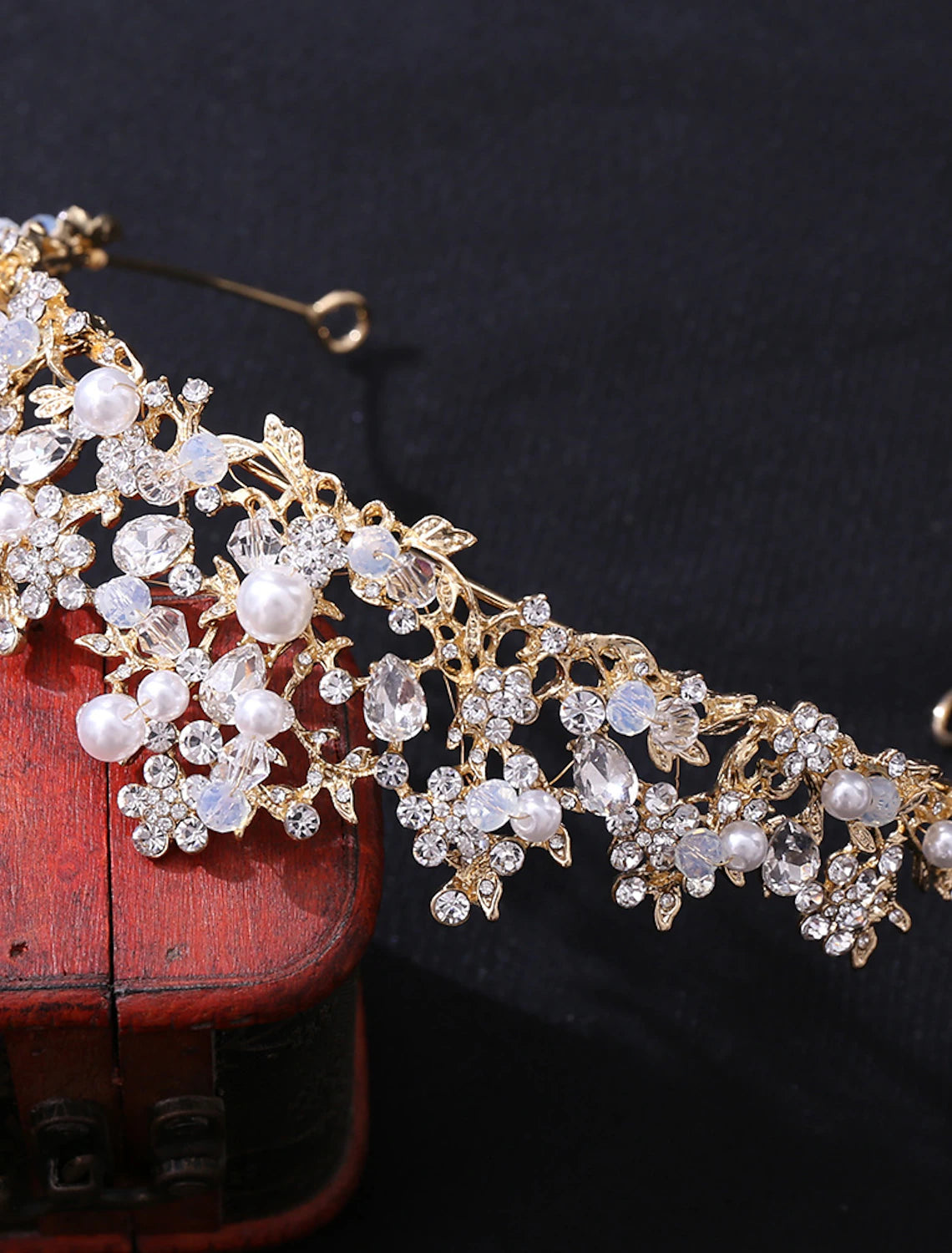 Back view of a vintage-inspired crystal headpiece.
