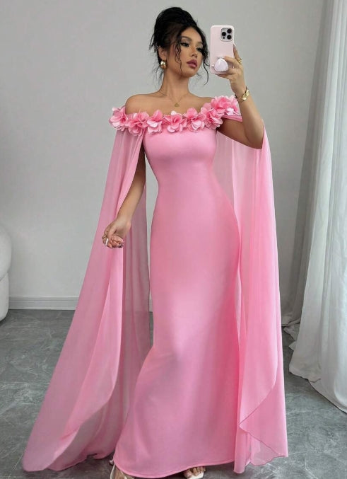 Pink off-shoulder mermaid prom dress with floral appliques and matching shawl.