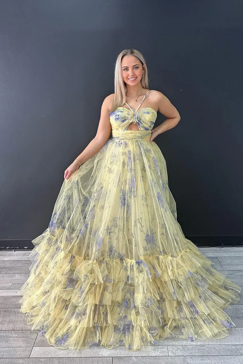 A-Line floral printed long prom dress with a halter keyhole neckline.