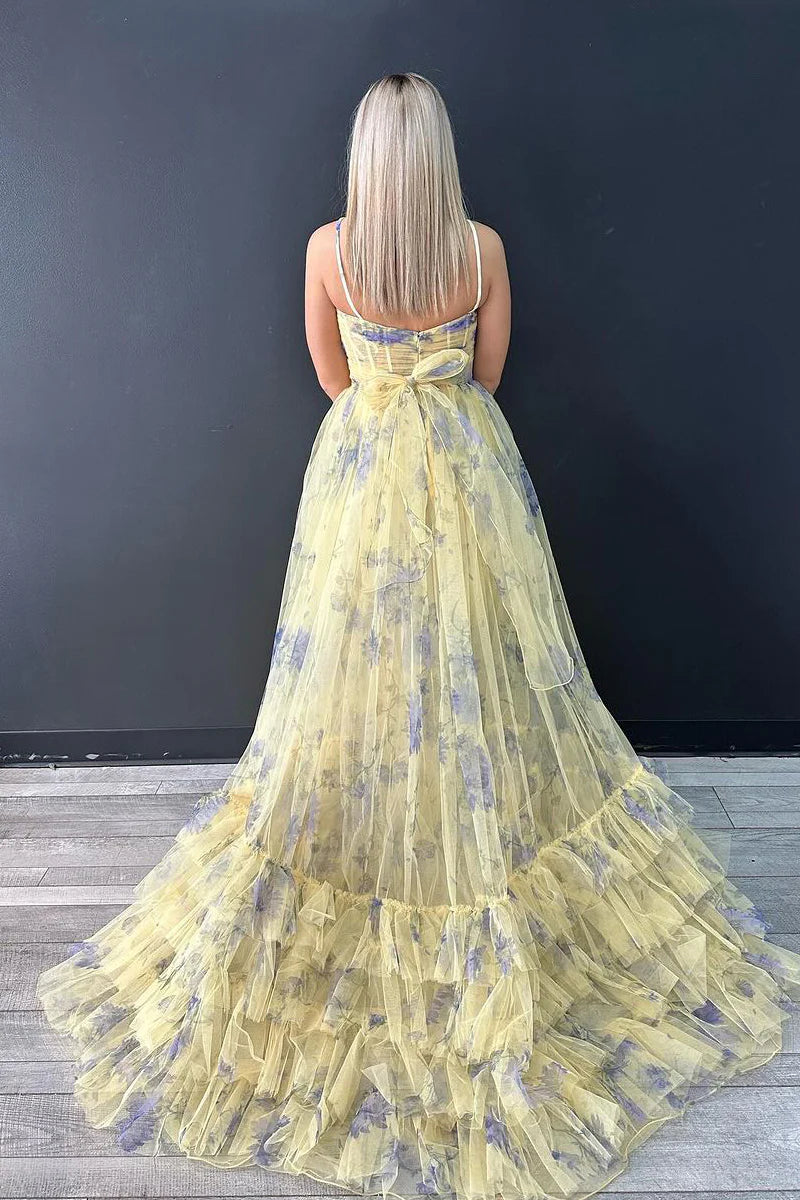 Back view of the A-Line floral printed long prom dress with a halter keyhole neckline.
