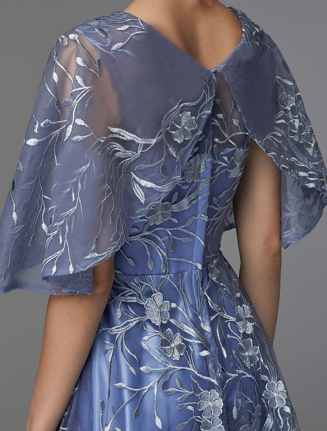 Full view of the floral A-line dress, showcasing its elegant flow.