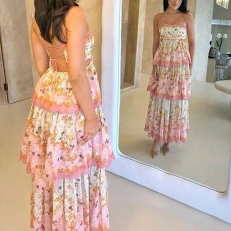 Front view of the floral print V-neck A-line midi dress.