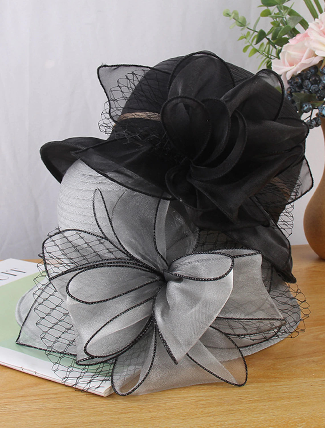 Side view of the floral straw hat.