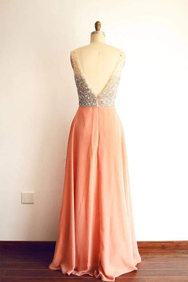 Close-up of the intricate crystal beading on the chiffon prom dress.