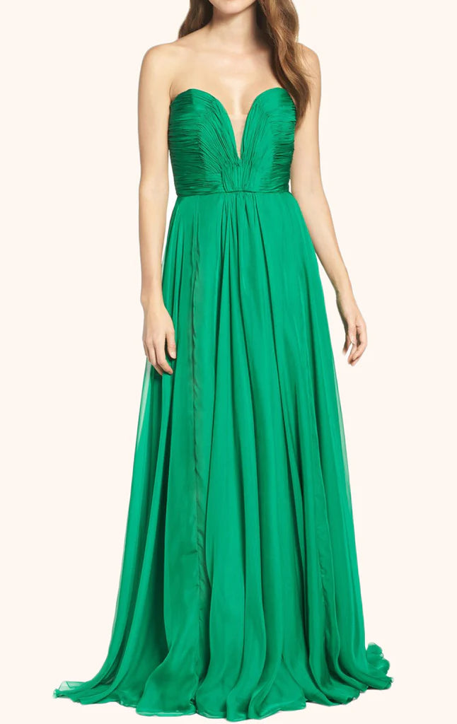 Model wearing an elegant strapless sweetheart chiffon long prom dress.