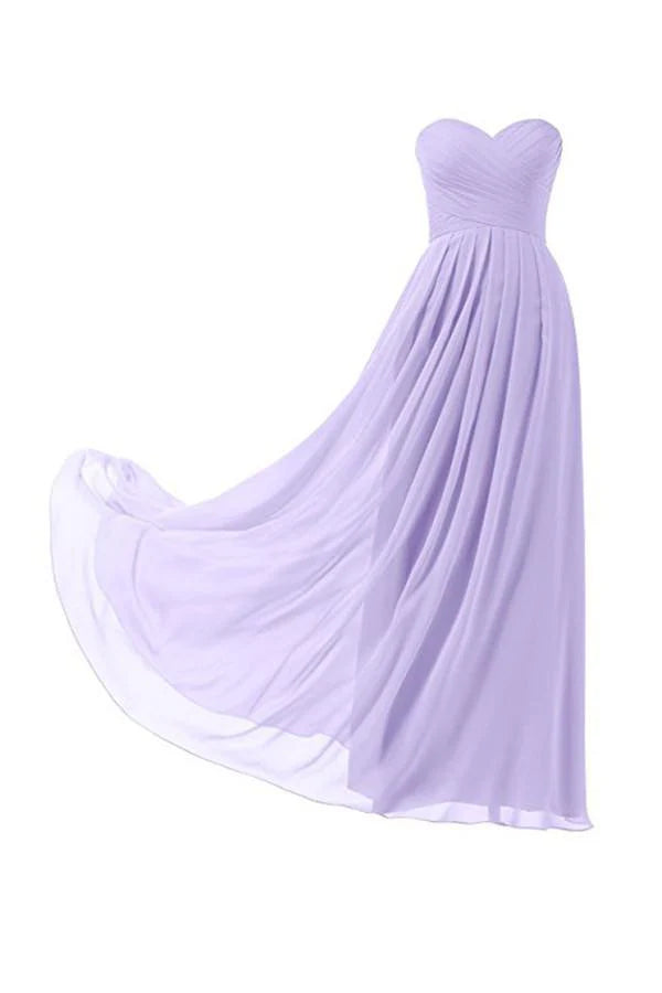 Elegant chiffon floor-length bridesmaid gown with V-neck and A-line silhouette.