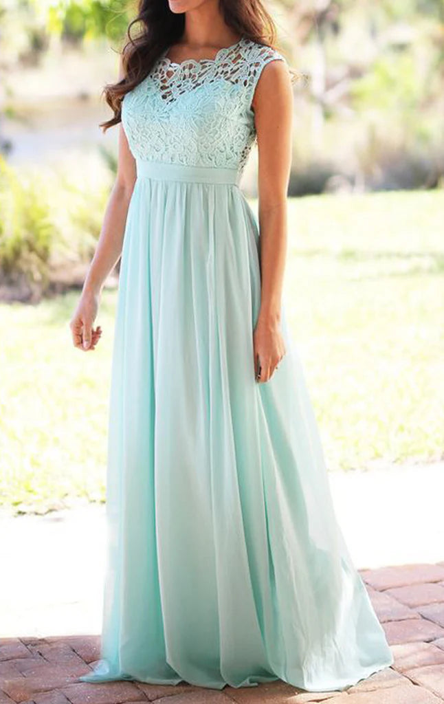 Elegant flowy V-neck lace chiffon long bridesmaid dress in lavender.
