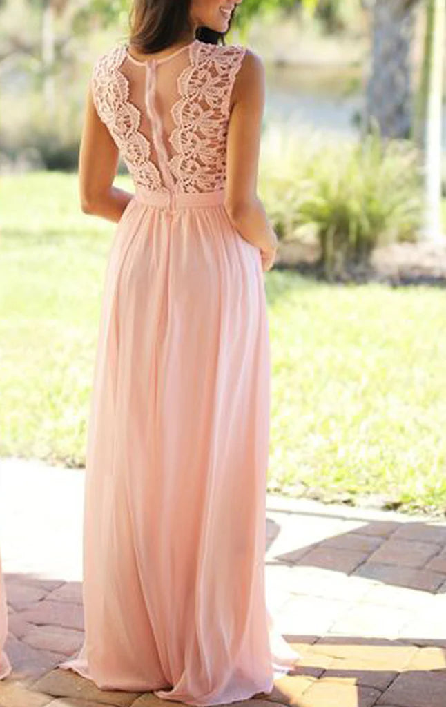 Bridesmaid dress with delicate lace bodice and flowing chiffon skirt.